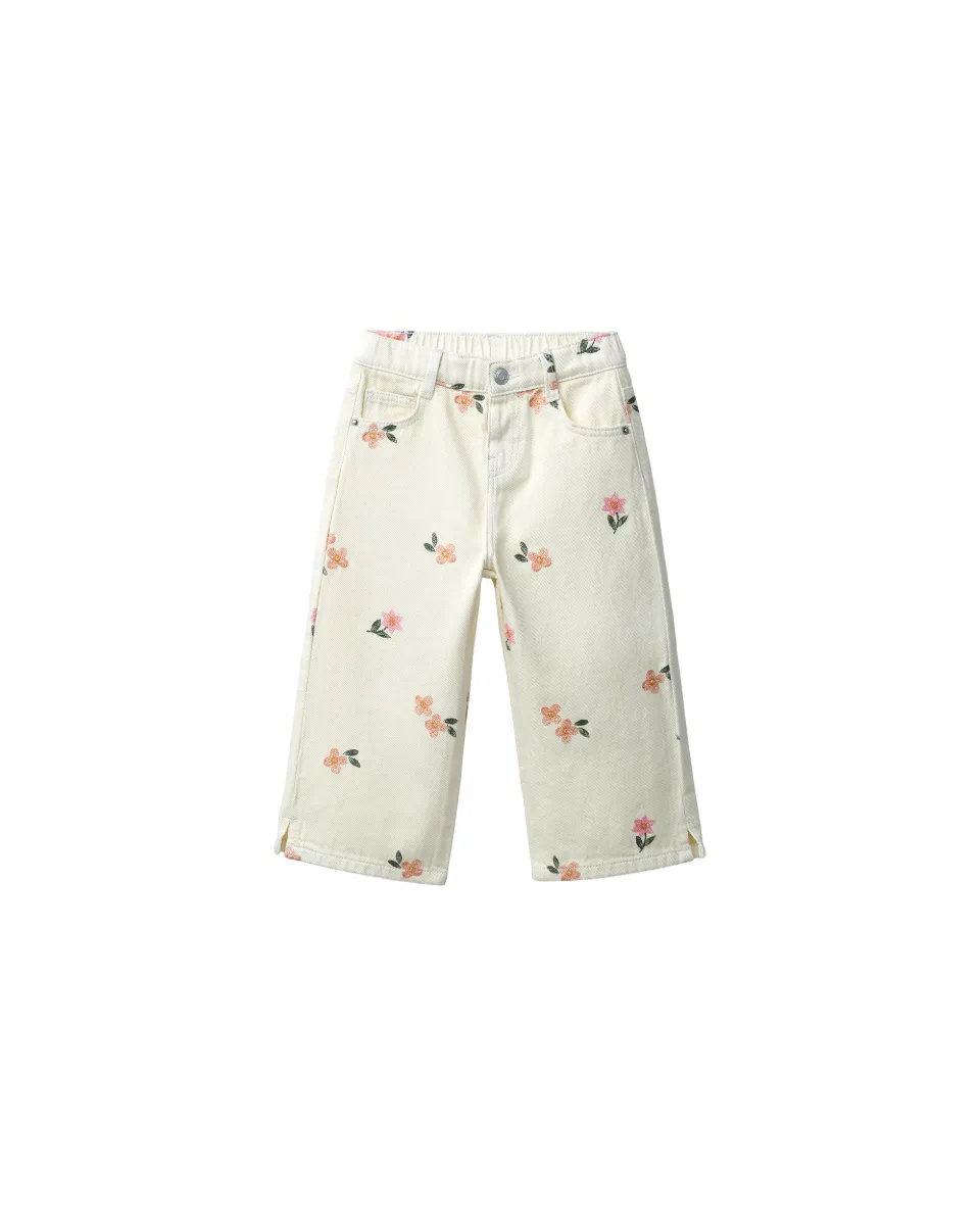 Twill culotte pants with embroidered flowers - Cream