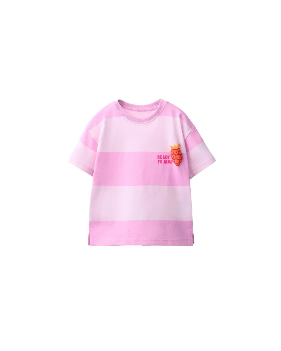 Camiseta rayas estampado relieve frutas - Rosa