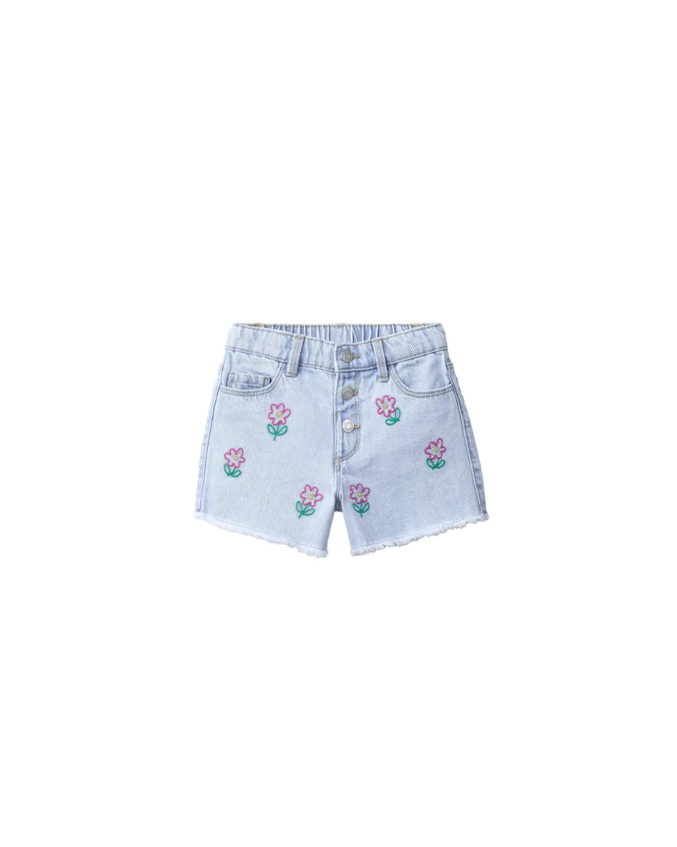 Bermuda denim mom fit flores bordadas - Azul