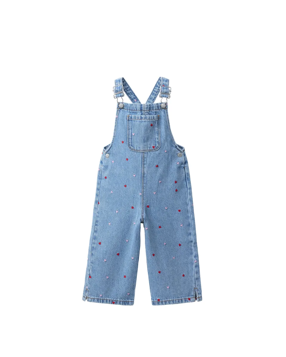 Peto denim largo bordado corazones - Azul