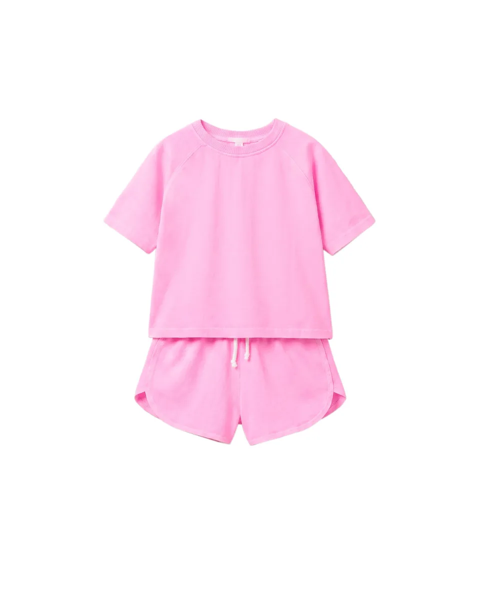 Conjunto jogging camiseta y bermuda liso - Rosa flúor