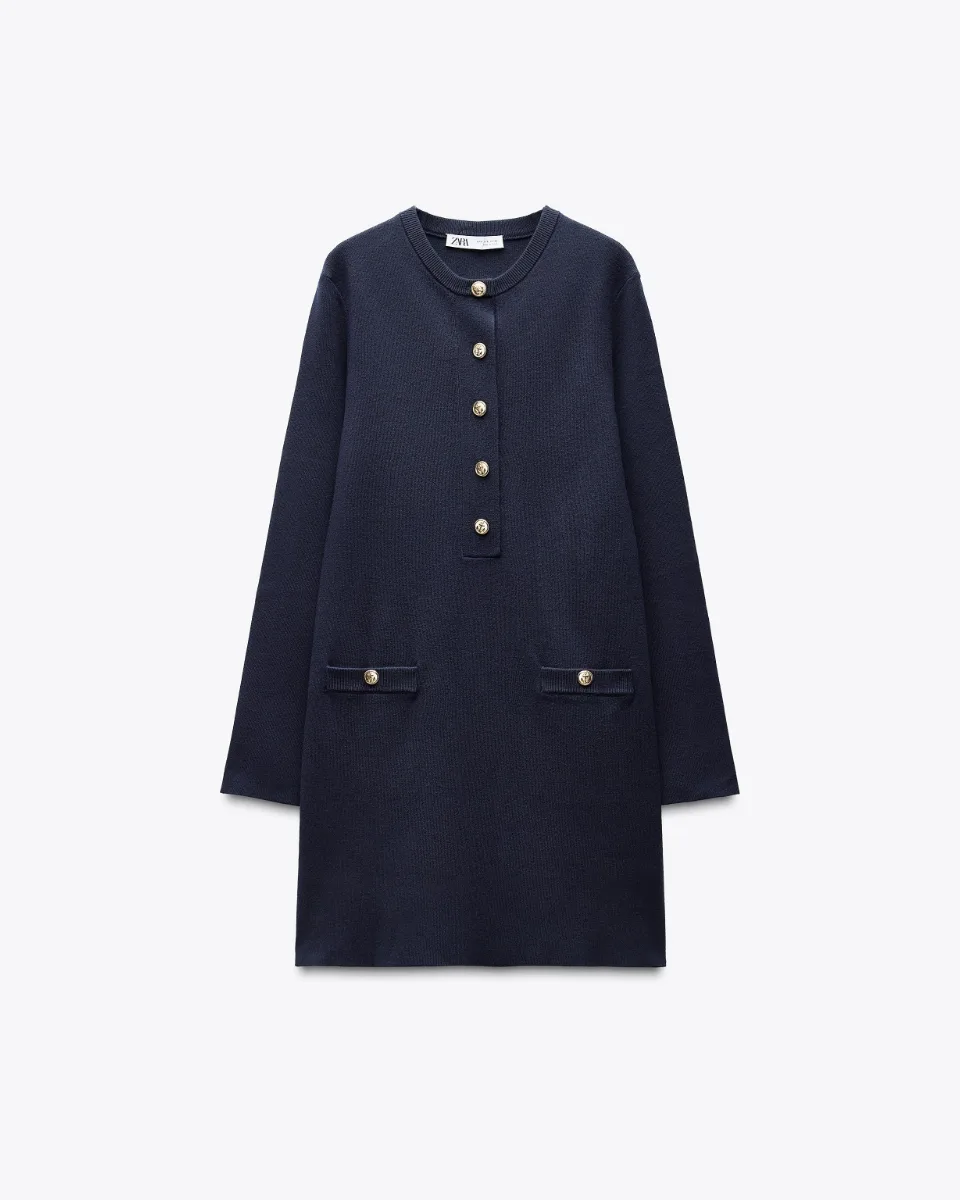 Plain knit mini dress - Navy blue