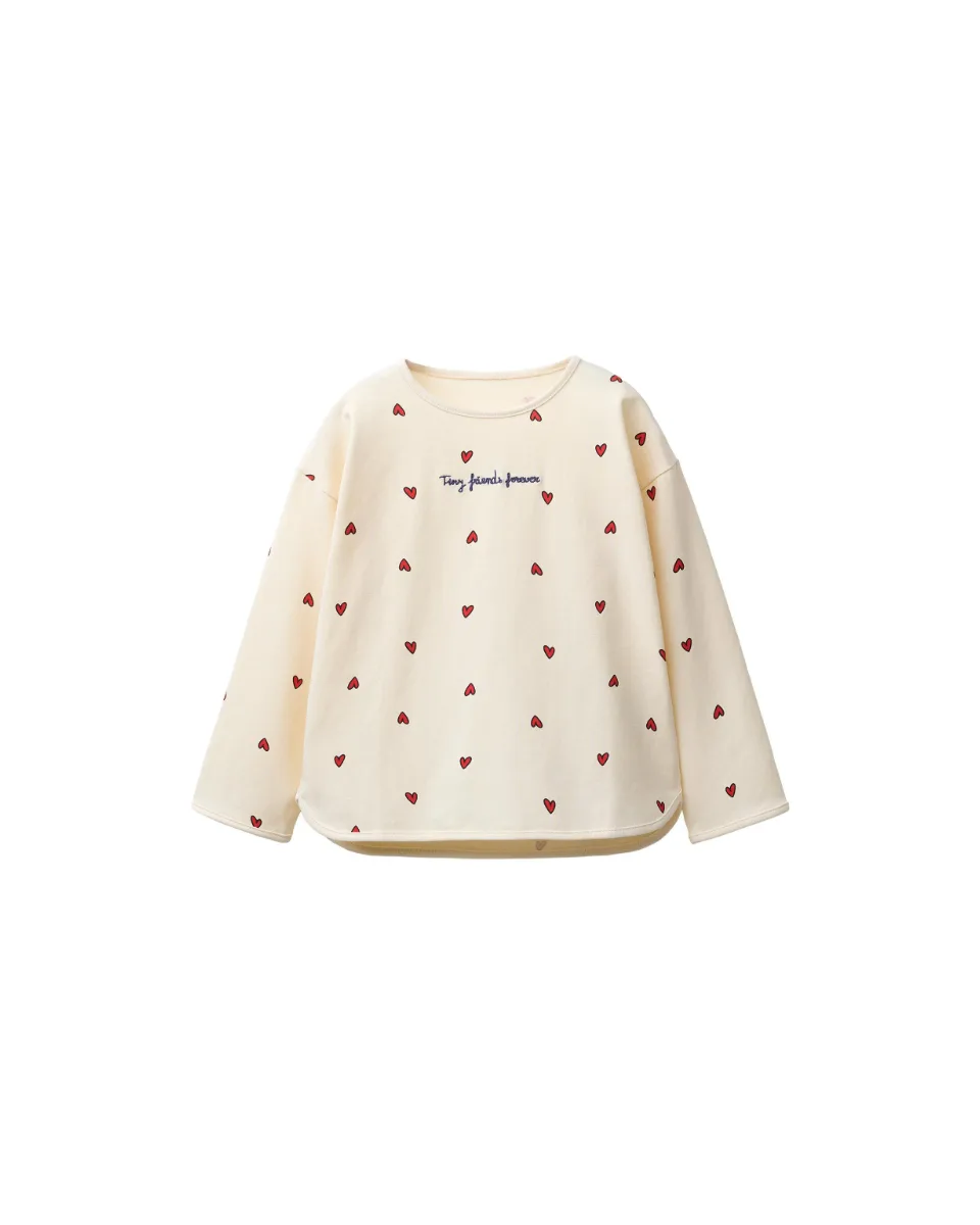 Camiseta estampada corazones texto bordado - Crema