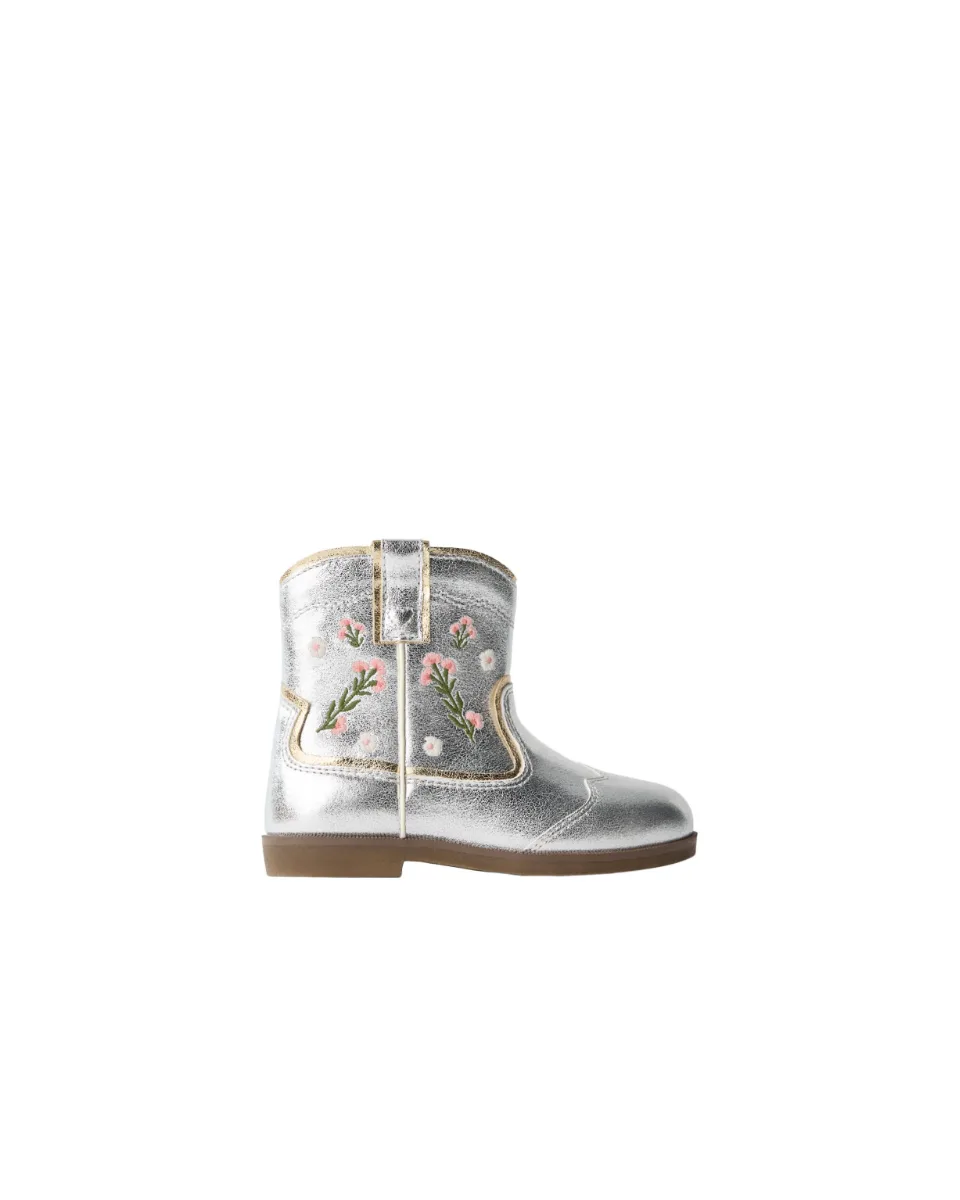 Metallic boot with embroidery - Silver