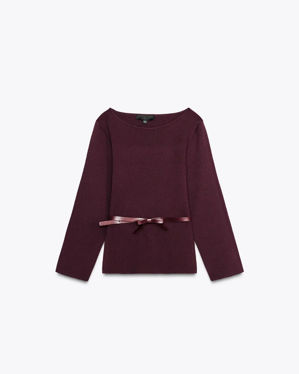 Knit top with belt - Maroon