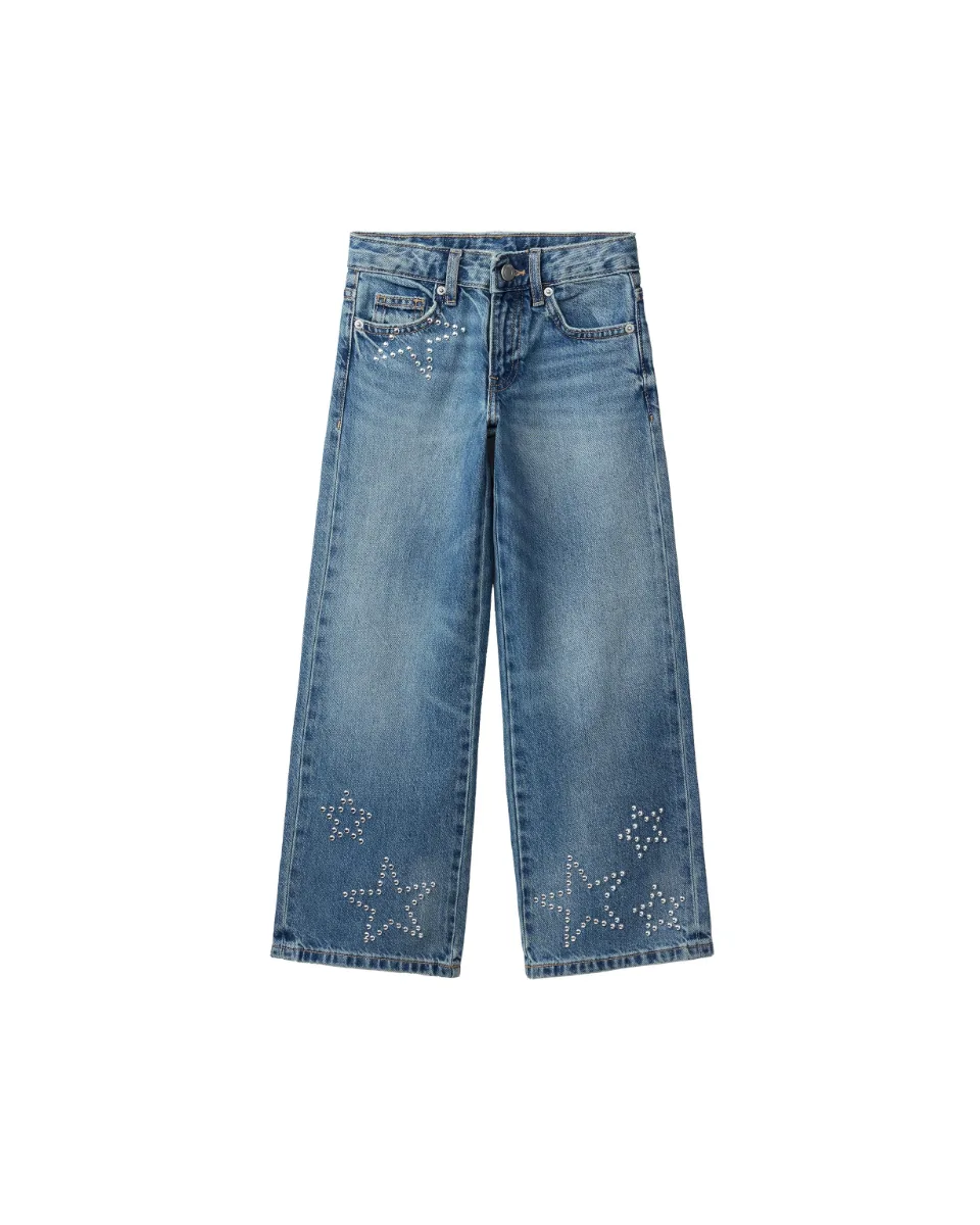 Jeans wide leg strass estrellas - Azul