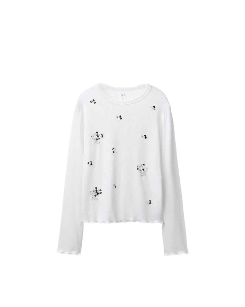 Camiseta rib lentejuelas - Blanco