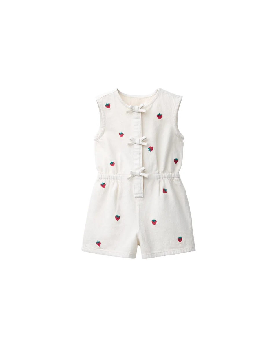 Short twill jumpsuit with embroidered strawberries - Cream