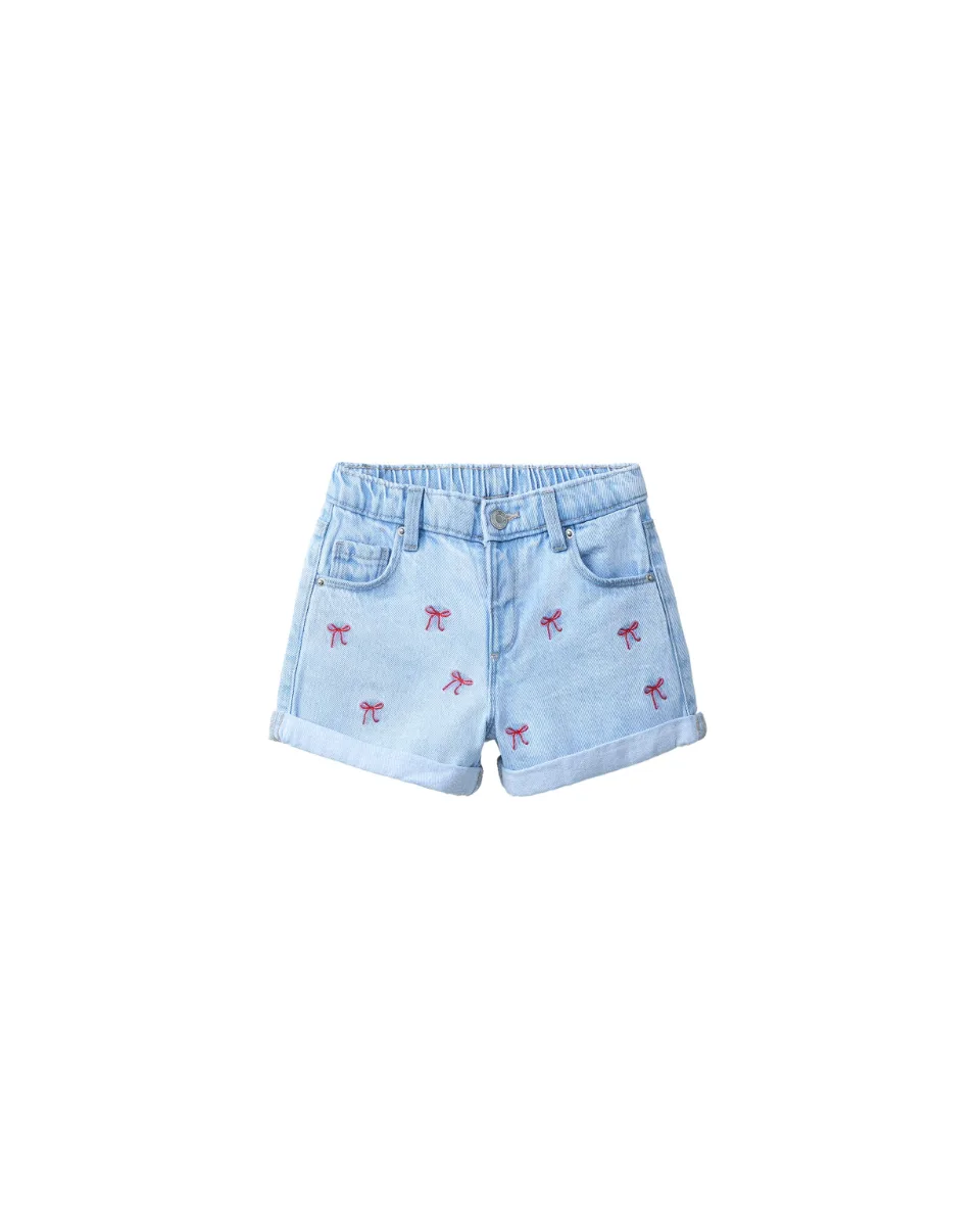 Bermuda denim mom fit lazos bordados - Azul claro