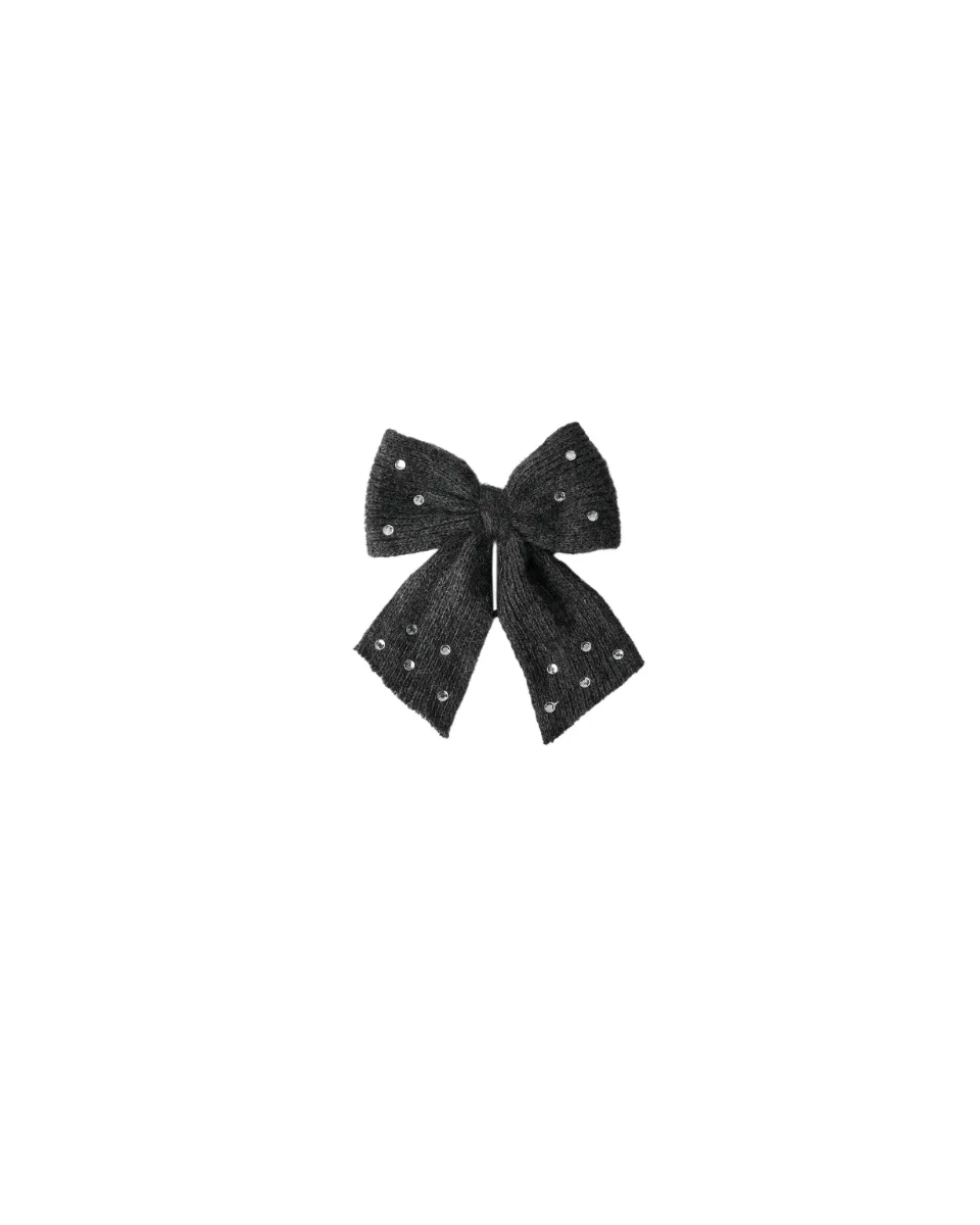 Knit bow hair tie and clip with rhinestones - Dark gray