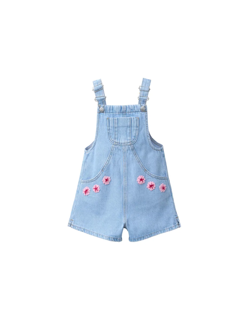 Peto denim corto flores punto crochet - Azul