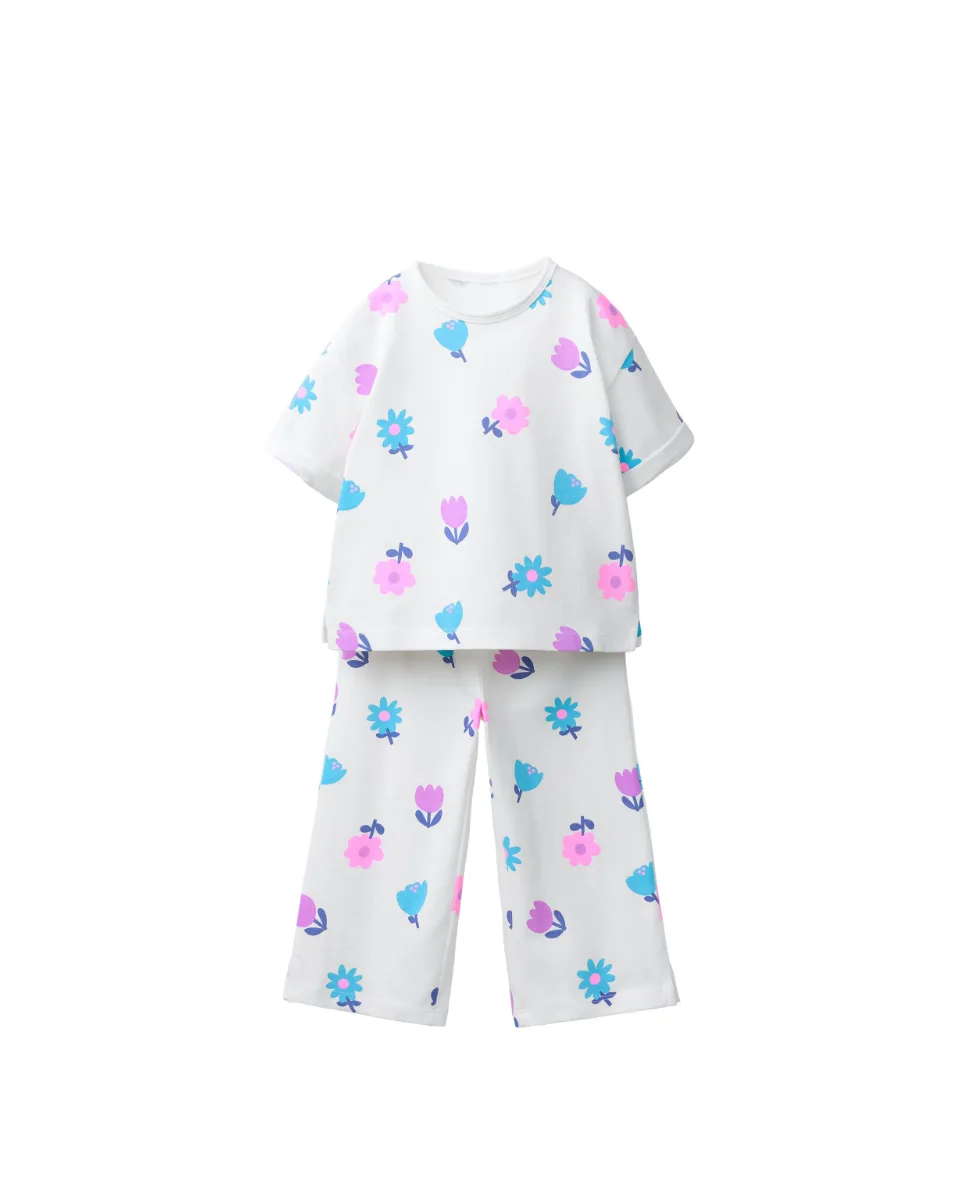 Print jogging T-shirt and pants set - Cream